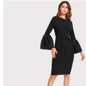 Pleat Detail Bell Sleeve Bodycon Knee Length Dress